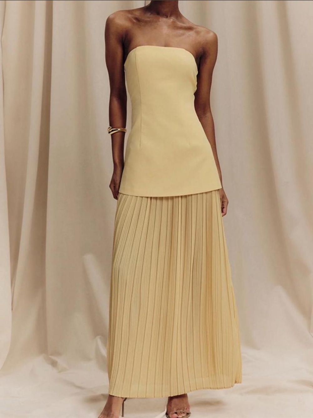 Babyboo Strapless Pleated Maxi Skirt Dress in Butter Yellow Dress